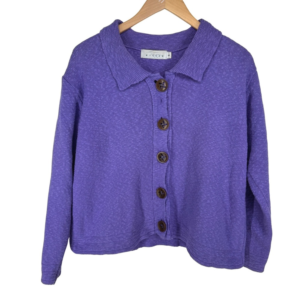 Willow Womens Knit Chunky Cardigan Sweater Purple Textured Button Collared Small